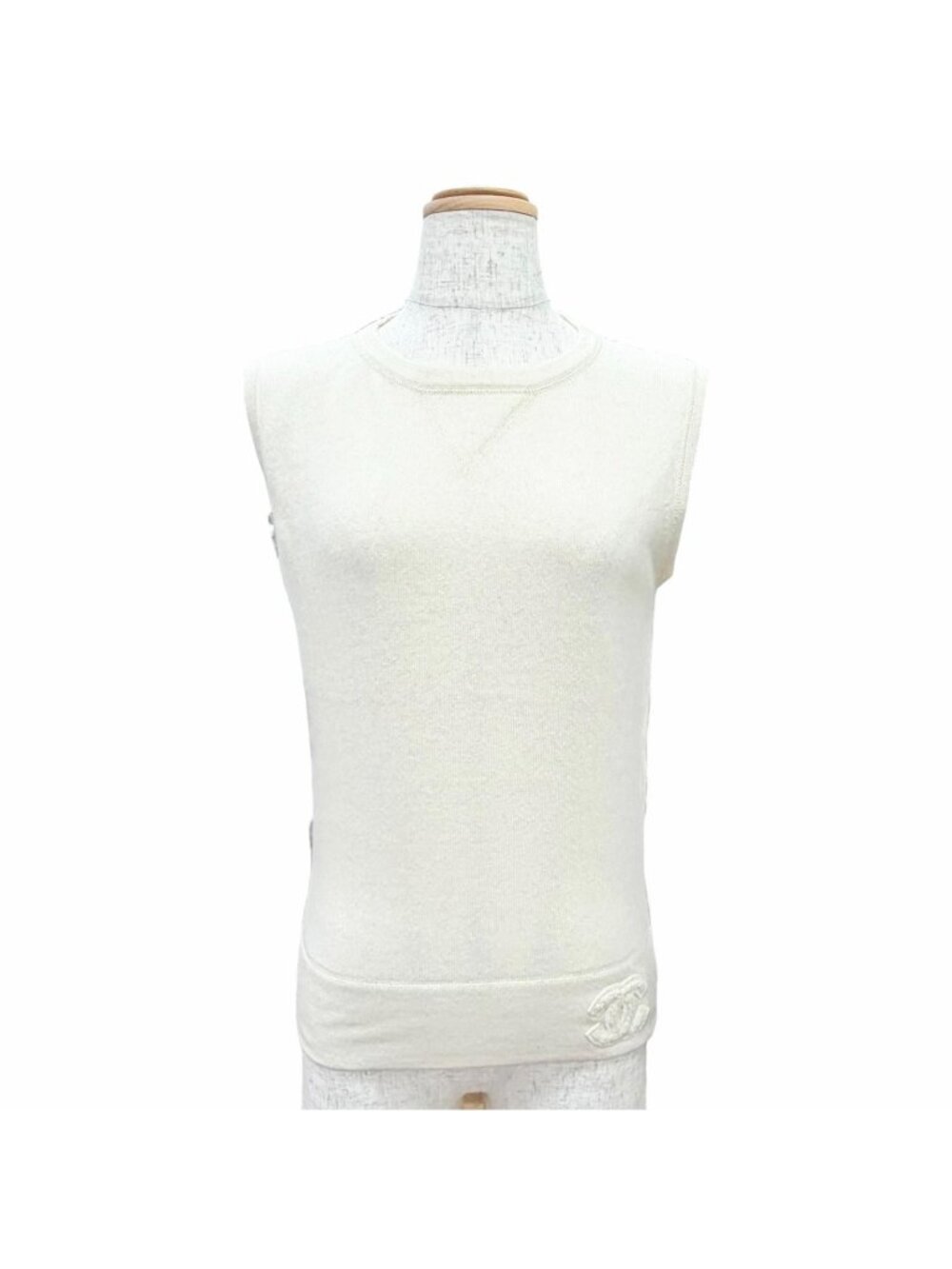 Chanel Vintage 01A Cashmere 100% CC Logo Sleeveless Knit Vest Ivory UK EU 38